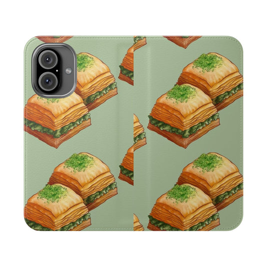 Handdrawn watercolor illustration of pistachio baklava pastry on a flip phone case