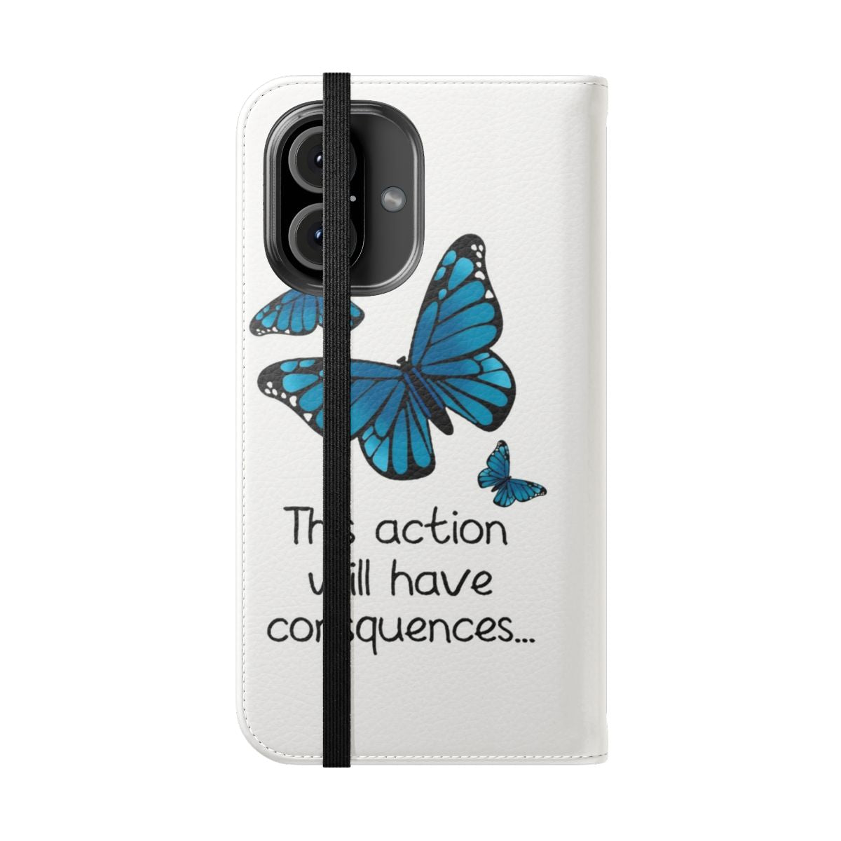 Blue butterfly phone case with a flip cover design featuring the iconic life is strange imagery - Folded Front