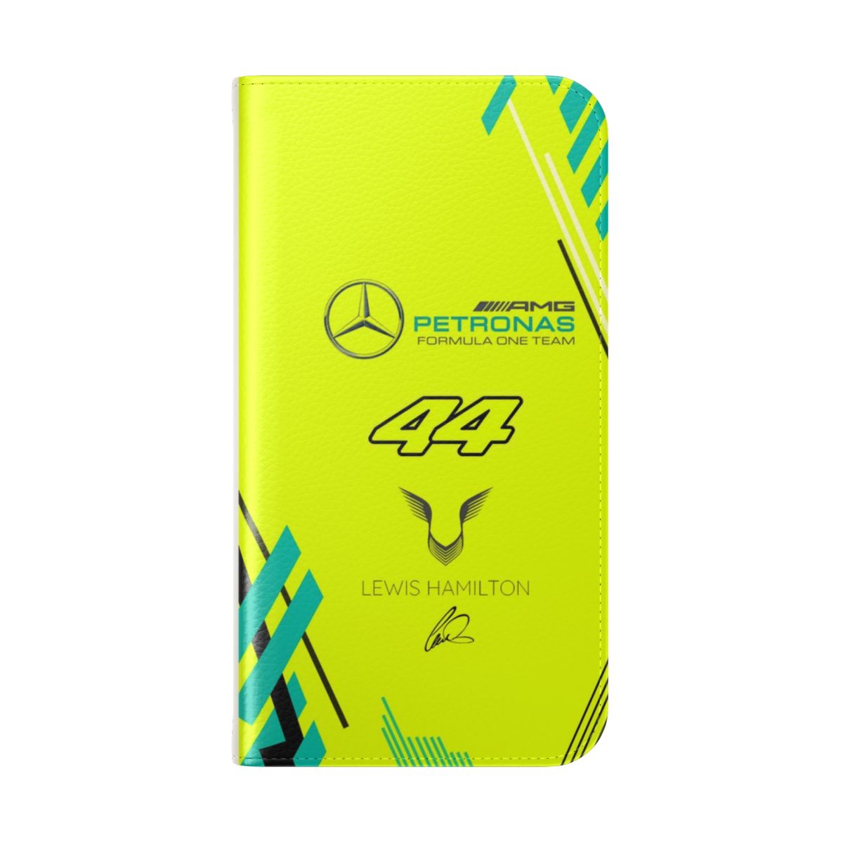 Yellow phone case with Mercedes AMG Petronas F1 team branding and Lewis Hamilton's iconic number 44 - Folded Back