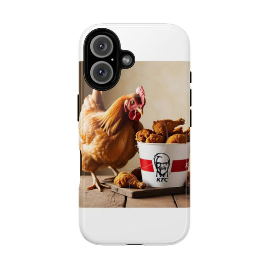 Magnetic phone case with a printed image of a chicken eating KFC fried chicken