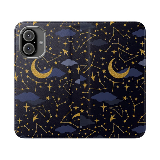 Celestial-themed flip phone case with gold and dark blue design featuring stars, moons, and night sky elements.