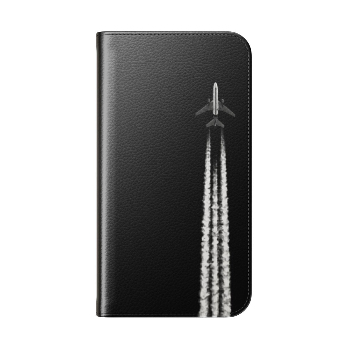 Minimalist phone case with a black and white design featuring a jet plane and contrails against a grey sky. - Folded Back