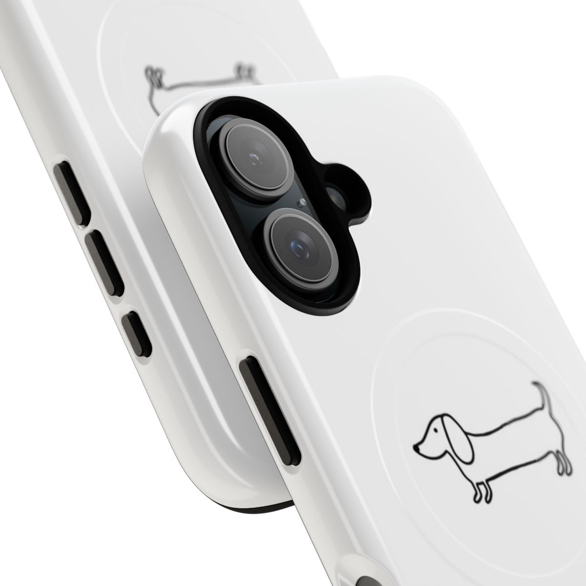 Minimalist black and white dachshund illustration on a phone case - Detail