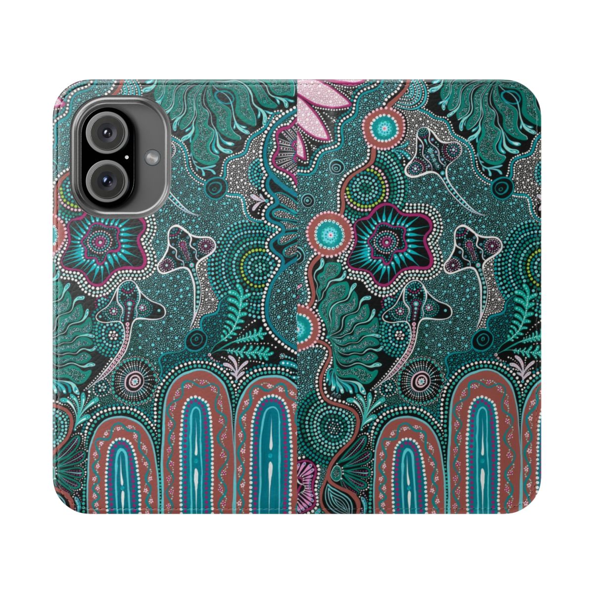 Colorful aboriginal dot art pattern on a magnetic flip phone case