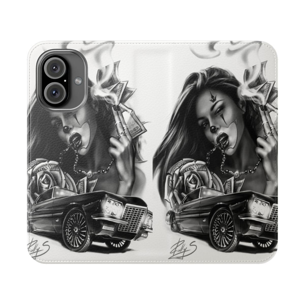 Chicano style flip cover phone case with skull and tattoo designs