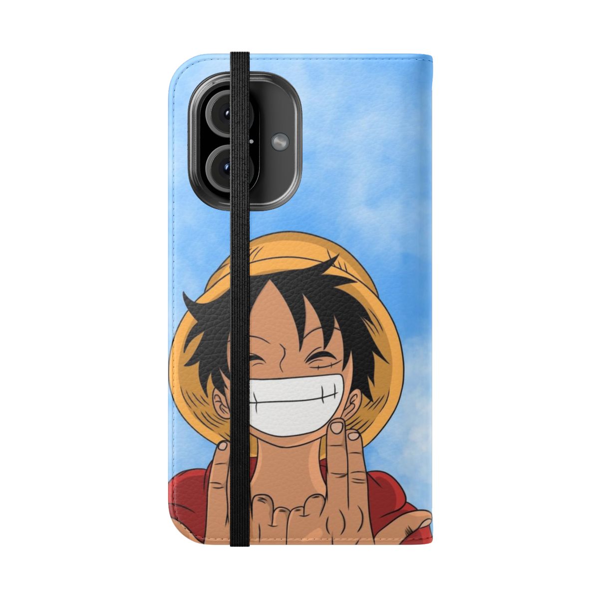 Flip cover phone case featuring the iconic character Luffy from the anime series One Piece - Folded Front