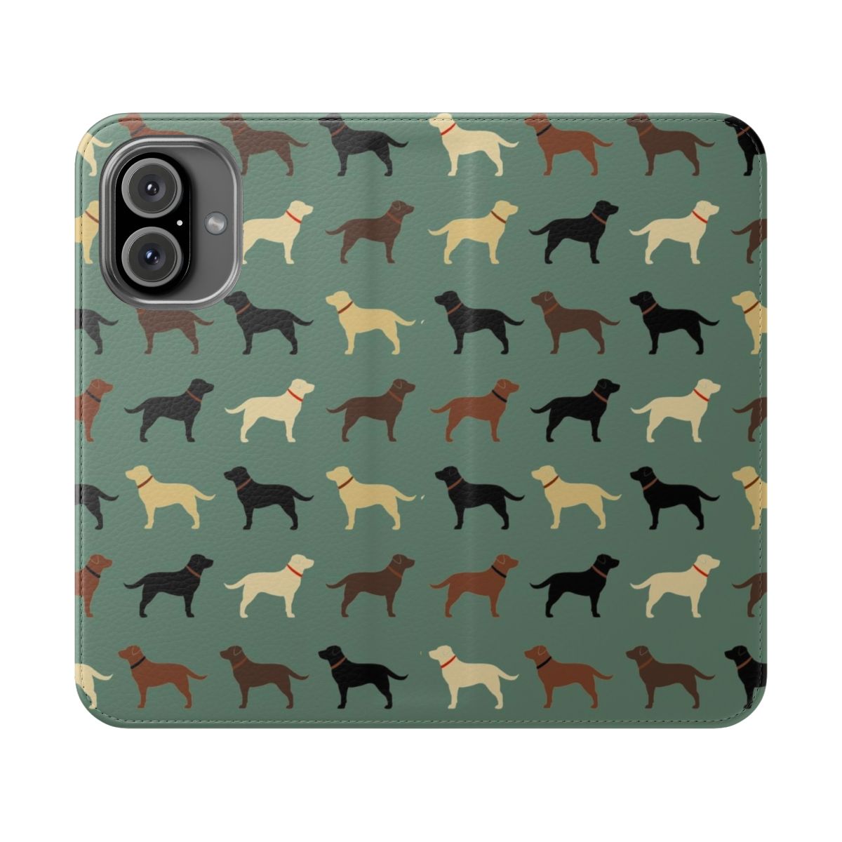 Flip cover phone case featuring a pattern of Labrador Retriever dog silhouettes in various colors including chocolate, yellow, red, and black.