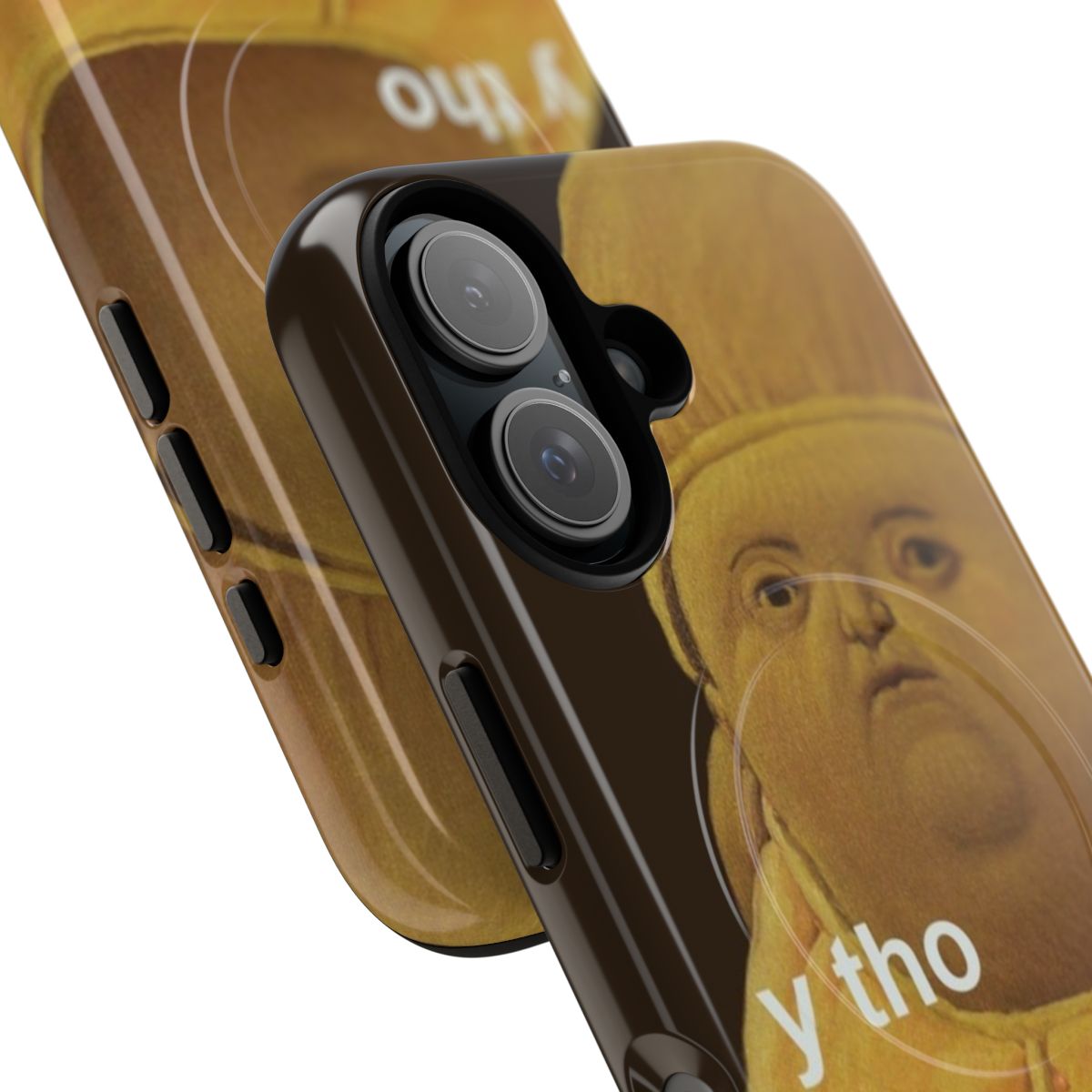 Magnetic tough phone case with "y tho" meme design - Detail