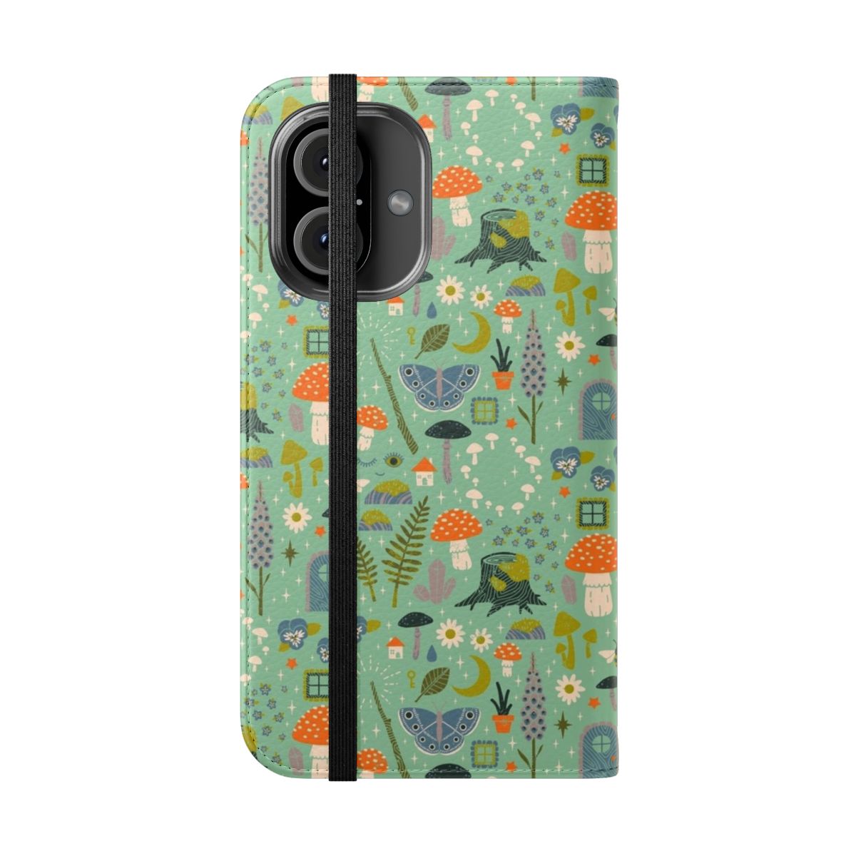 Fairy garden themed flip cover phone case with mushrooms, butterflies, and floral patterns - Folded Front