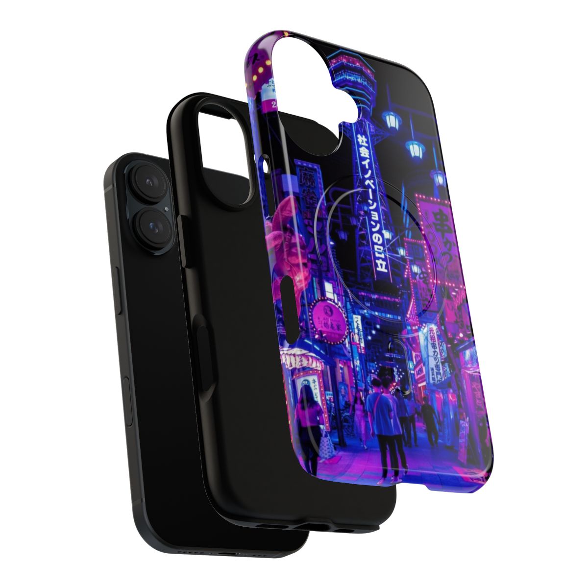 Vibrant phone case featuring anime-style depiction of Osaka city streets with neon lights and shops - Layers