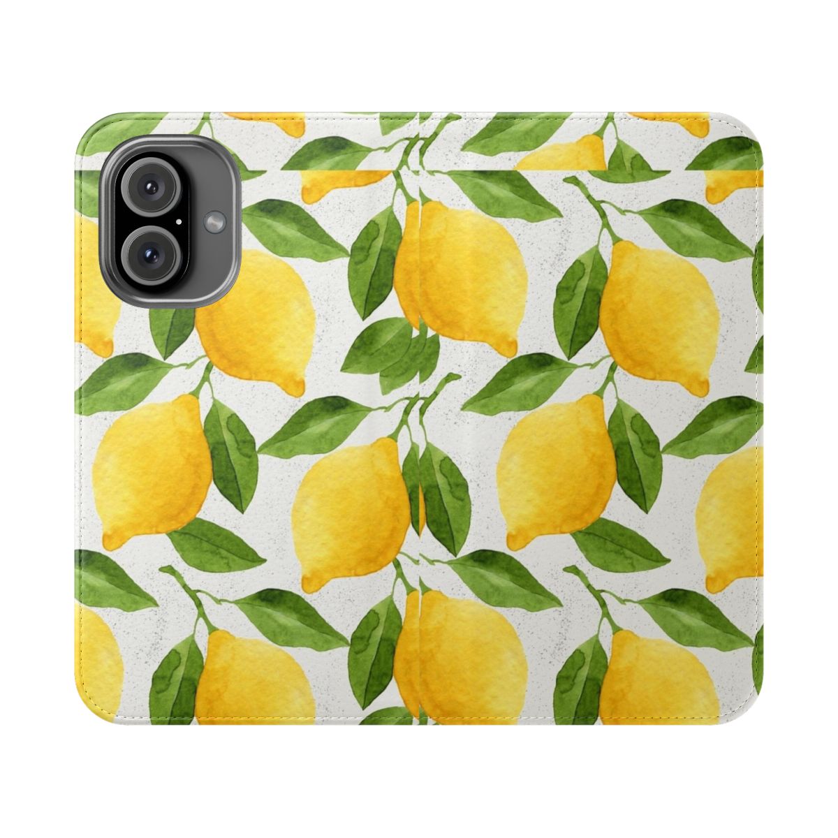 Watercolor illustration of fresh lemons and leaves on a phone case