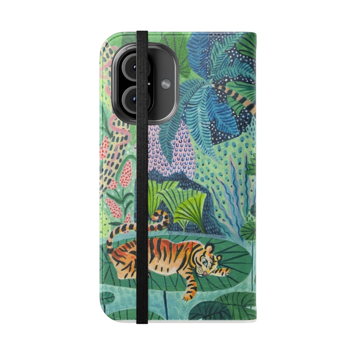 Colorful flip cover phone case with a detailed jungle tiger design - Folded Front