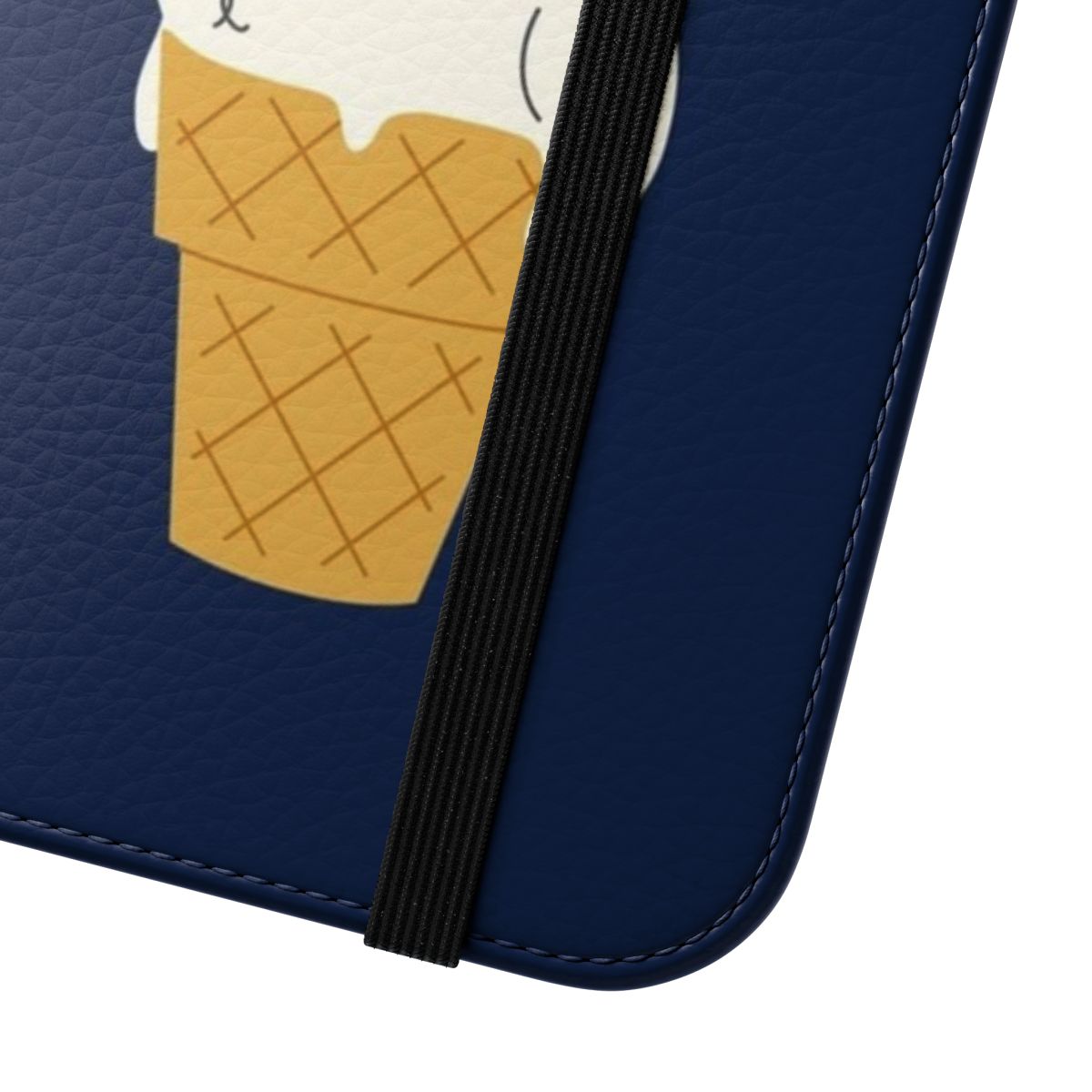 A blue phone case with a cute cat licking an ice cream cone design. - Close Up