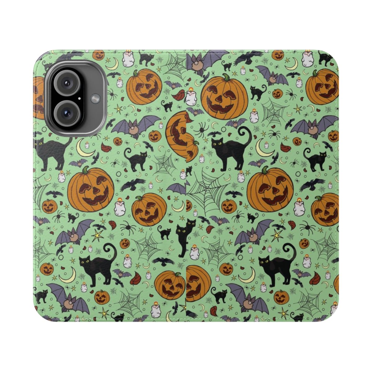 A black flip phone case with a cute and creepy Halloween-themed pattern