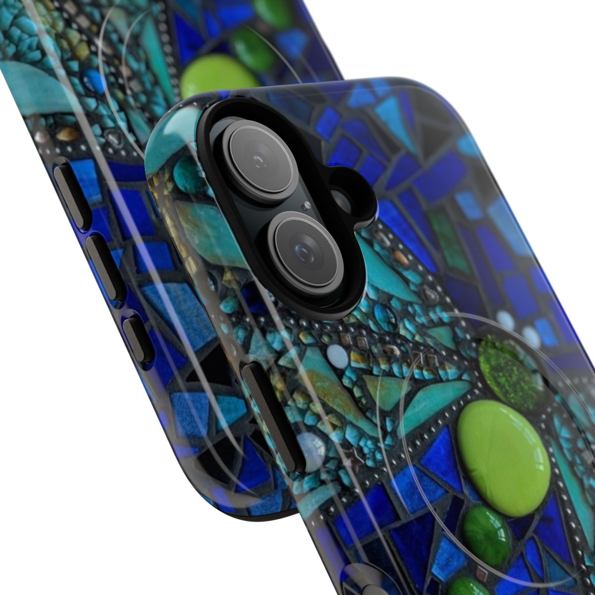 Exquisite stained glass mosaic dragonfly design on a magnetic phone case - Detail