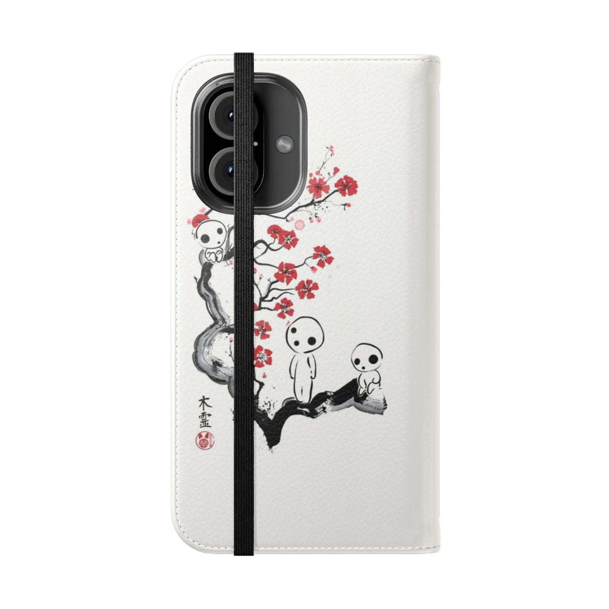 A protective flip cover phone case featuring whimsical forest spirits from Japanese anime. - Folded Front