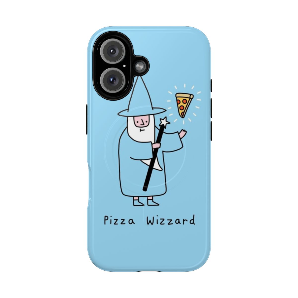 A blue and white phone case with a cartoon pizza wizard character, featuring a beard, stars, and pizza toppings.