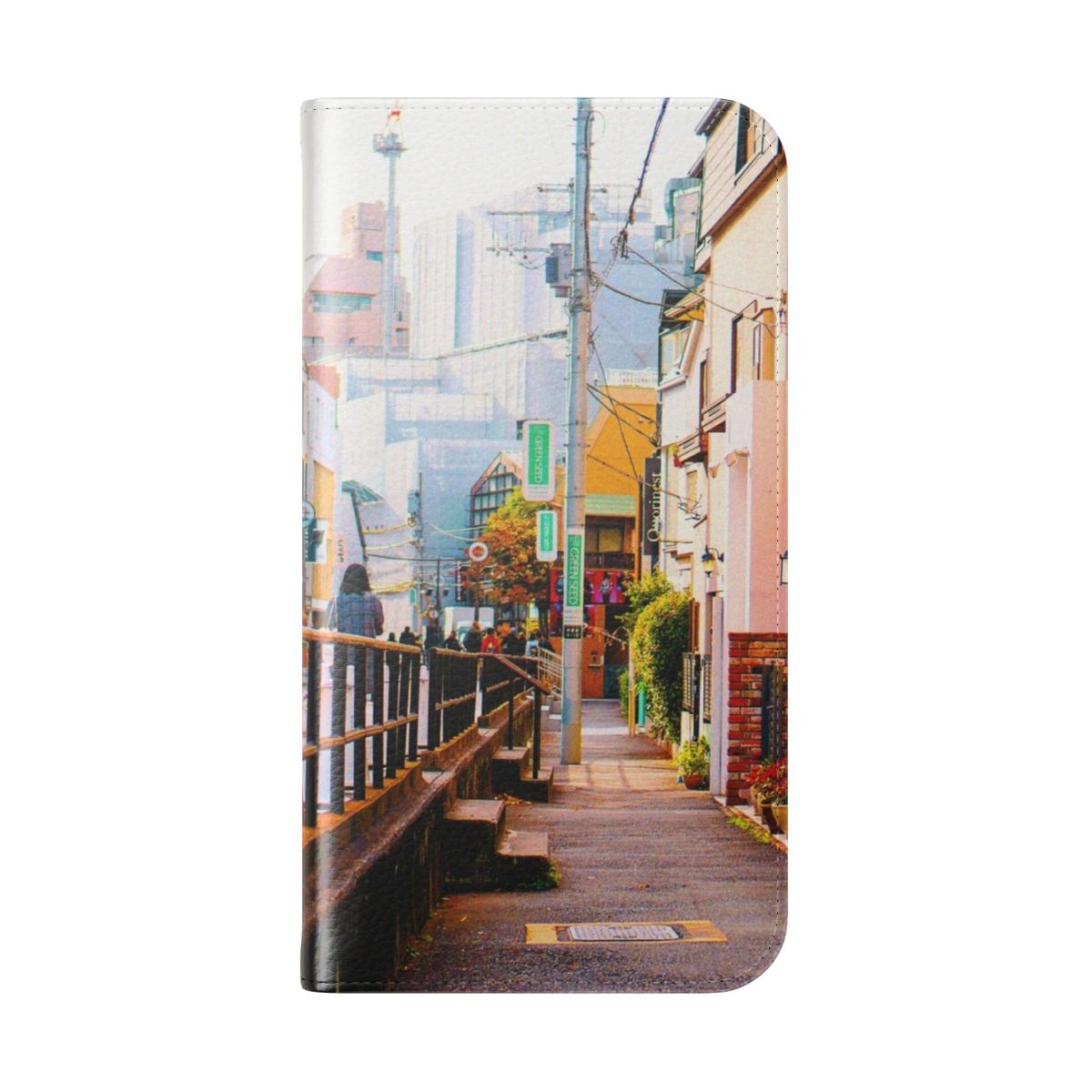 Flip phone case featuring a beautiful Japanese landscape with the sun shining over a city scene. - Folded Back