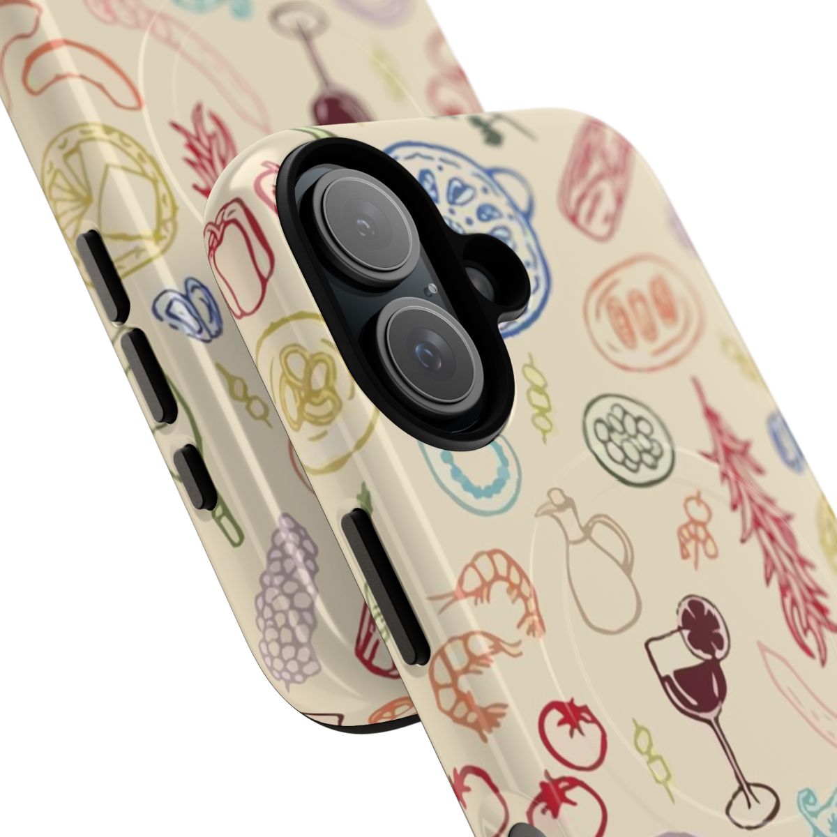 Colorful and stylish phone case featuring an Amalfi-inspired pattern with fruits and sketches. - Detail