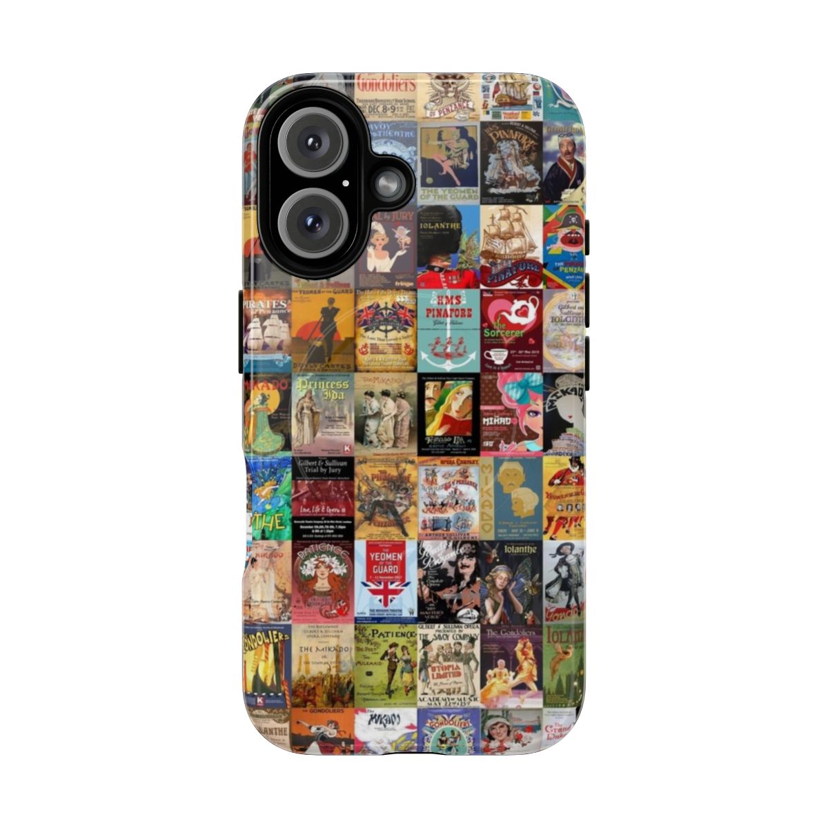 Artistic phone case featuring vintage-style Gilbert and Sullivan opera posters