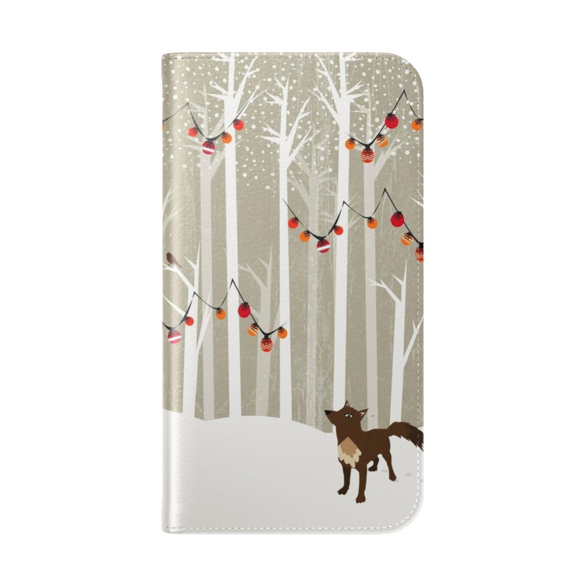 Flip cover phone case with a winter landscape design featuring a forest, snow, and a wolf. - Folded Back