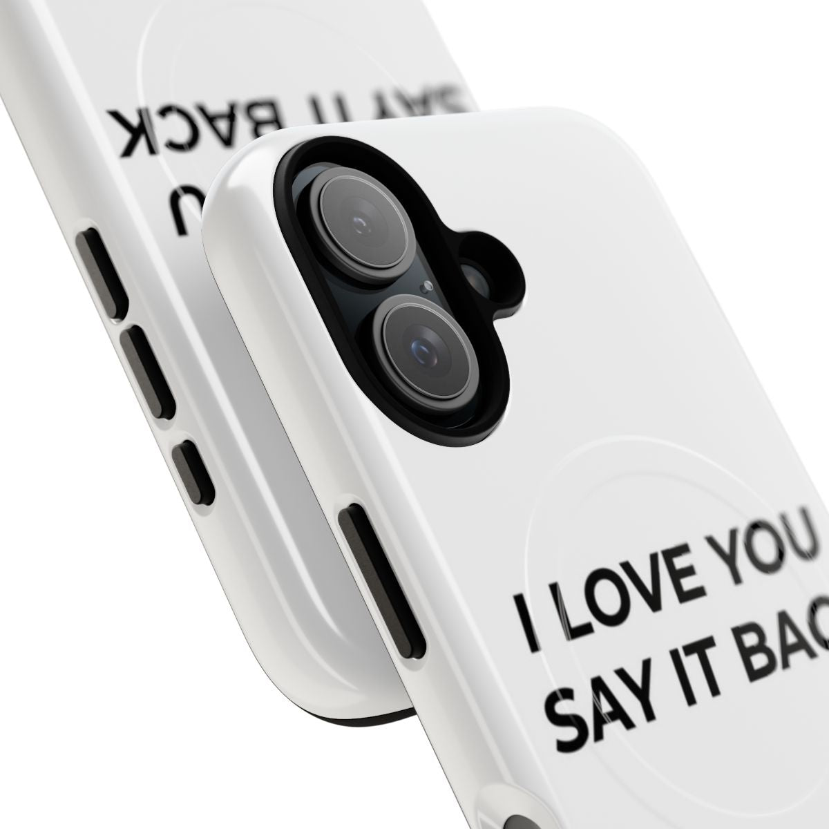 Sleek and trendy phone case with "I Love You" design and magnetic closure - Detail