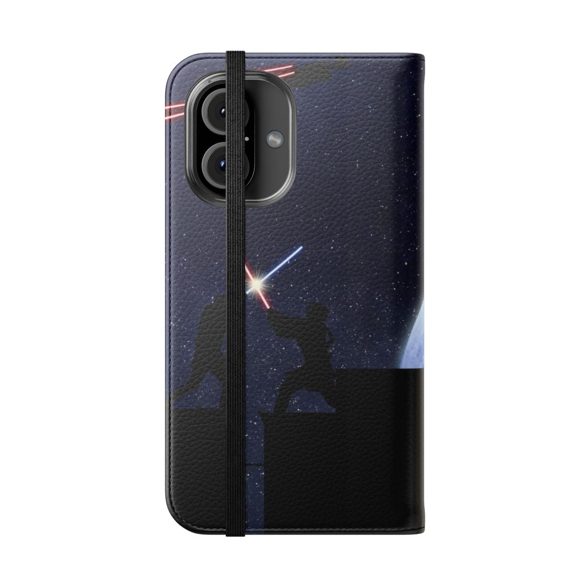 Stylish phone case featuring a lightsaber battle scene inspired by the Star Wars universe - Folded Front