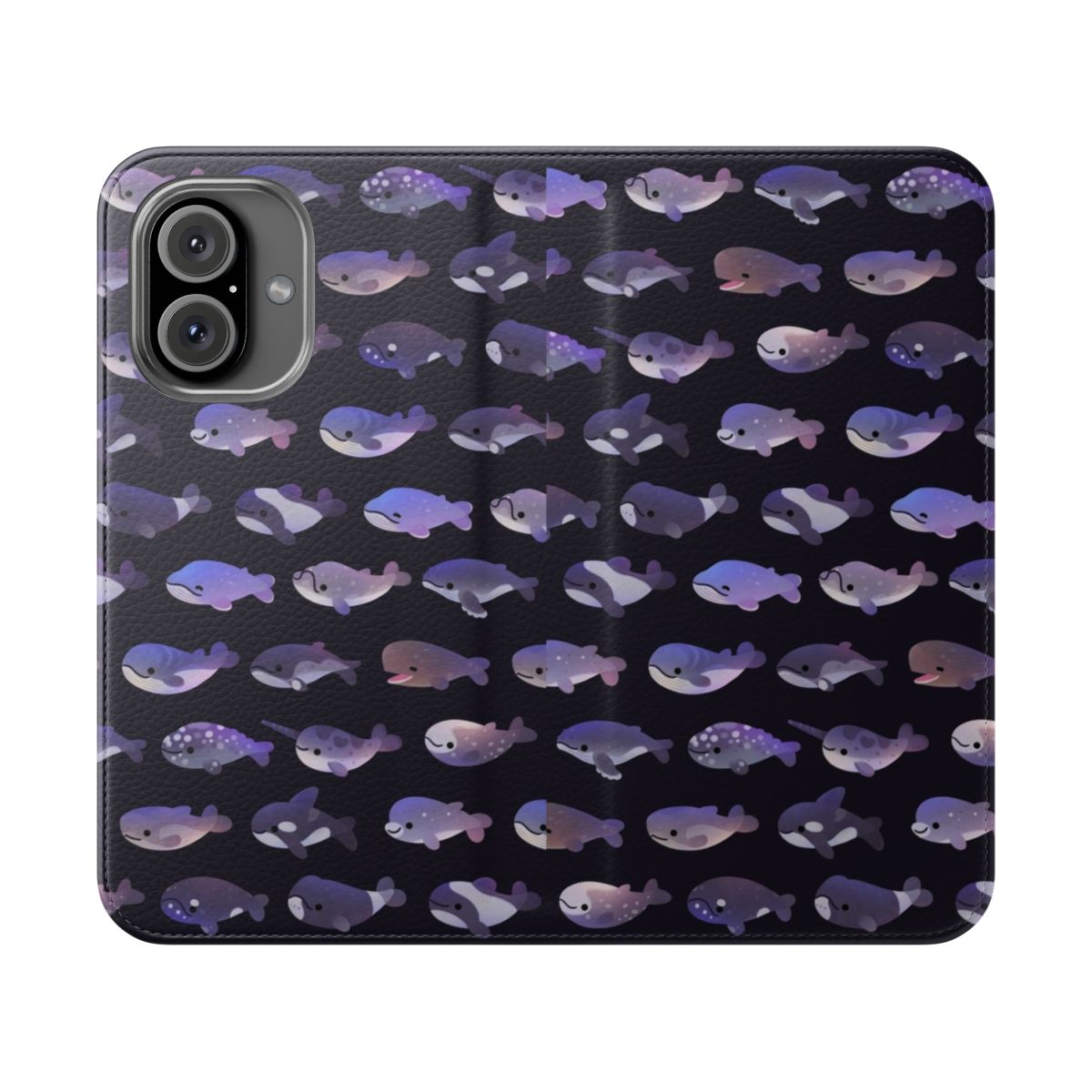 A colorful phone case featuring a vibrant design of whales, dolphins, and other marine life.