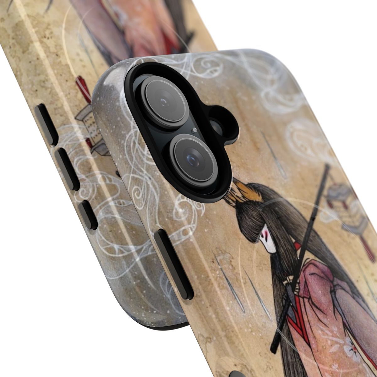 Vibrant watercolor illustration of a kitsune or Japanese fox spirit on a protective magnetic phone case. - Detail