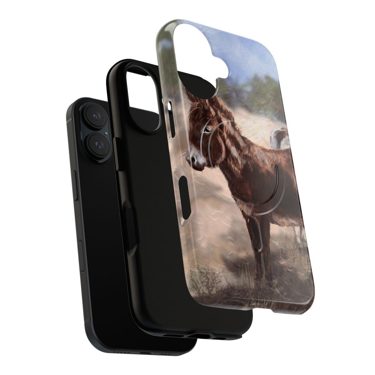 Magnetic phone case featuring a cute donkey design in a western, cowboy-inspired landscape. - Layers