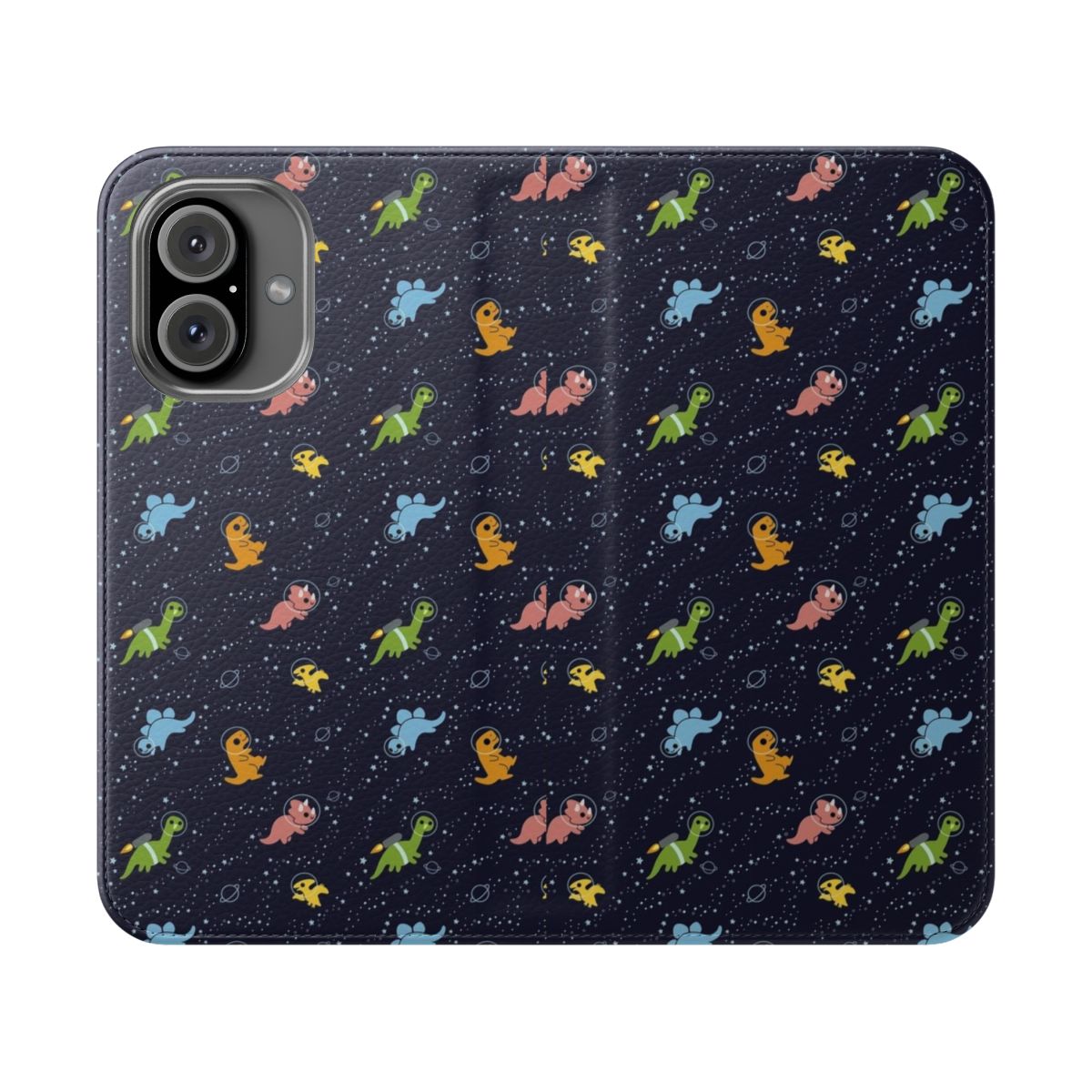 Colorful phone case featuring a pattern of cute dinosaurs in space with jetpacks, planets, and stars.