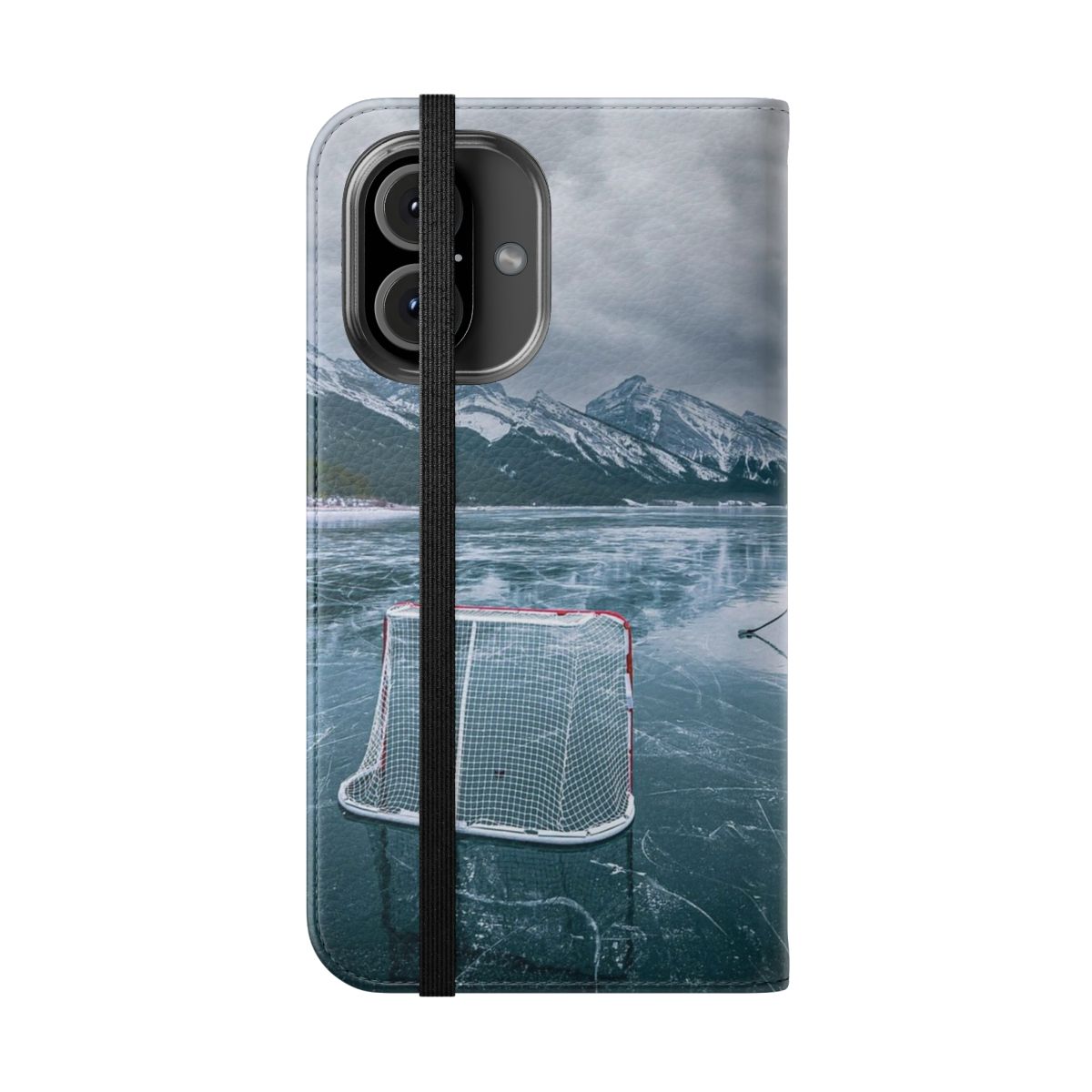 Outdoor rink themed phone case with hockey elements - Folded Front