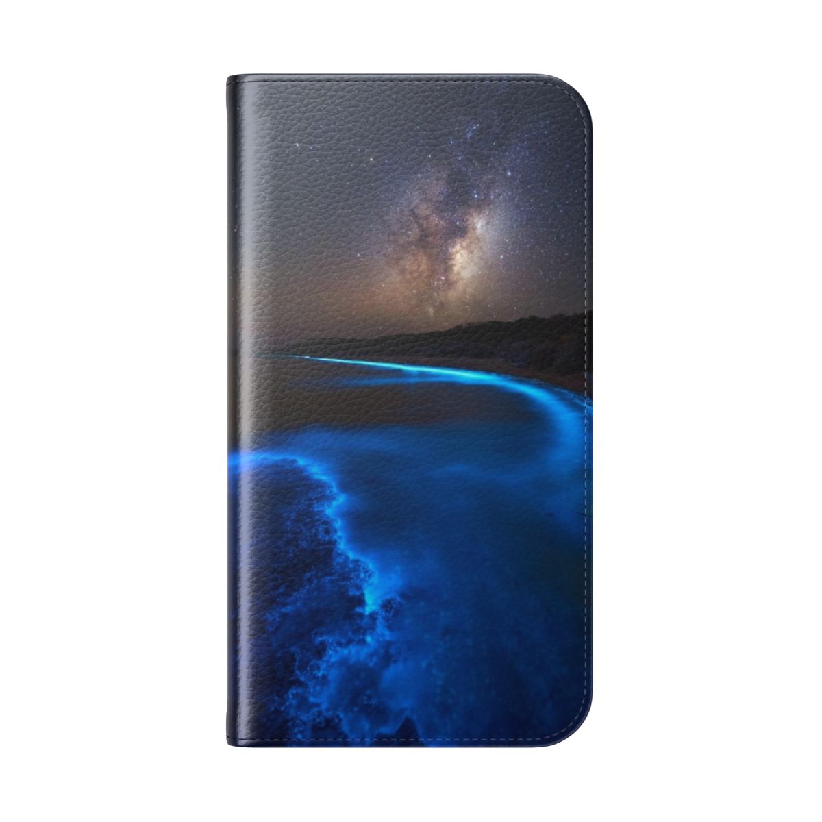 Flip cover phone case featuring a vivid bioluminescent Milky Way galaxy design - Folded Back