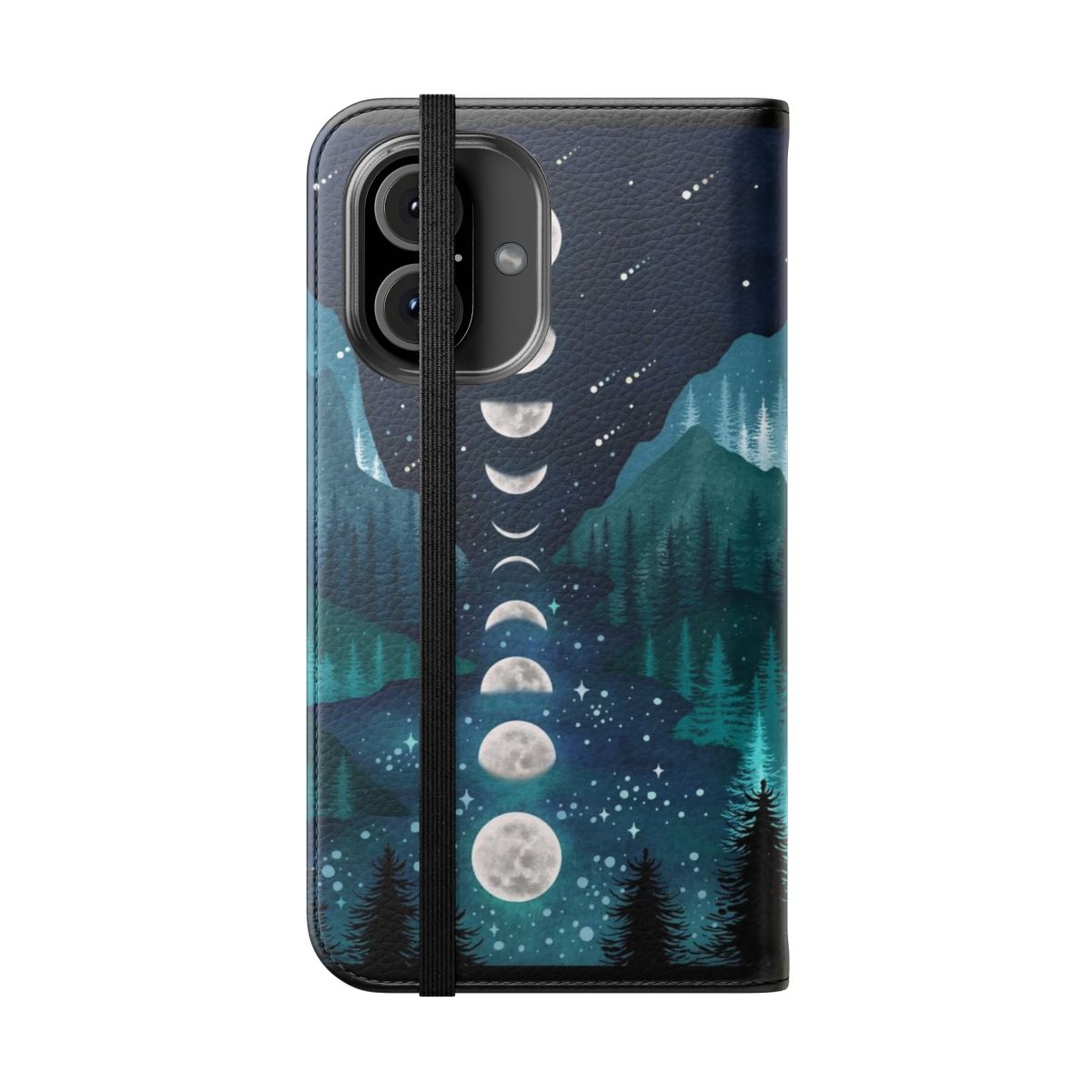 Flip phone case featuring a night sky design with a crescent moon, moths, and butterflies - Folded Front