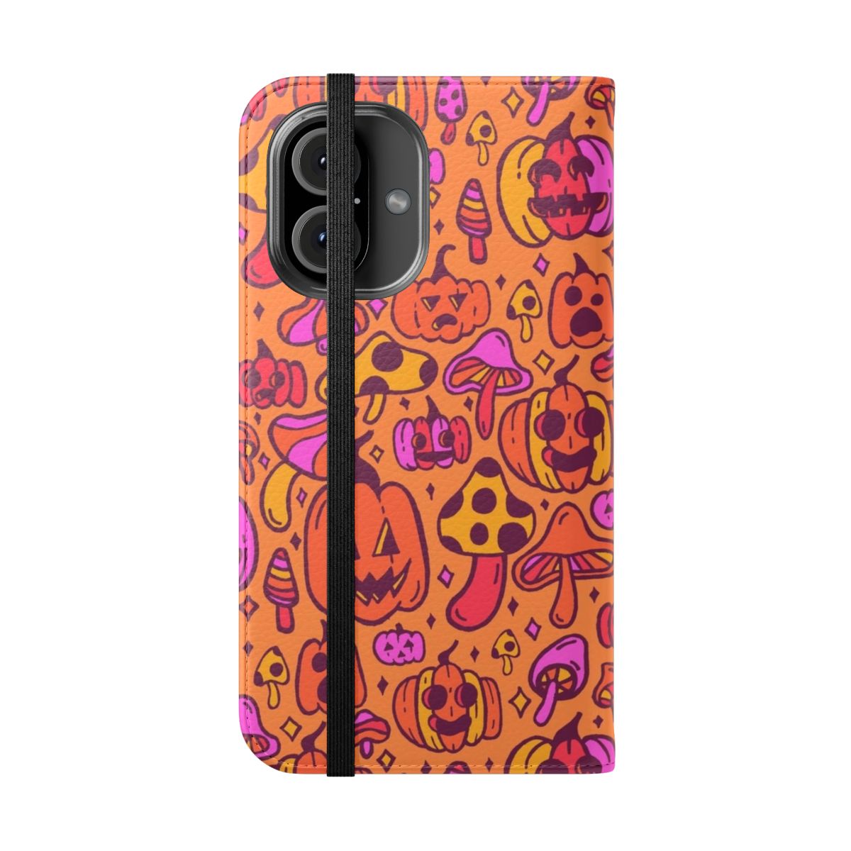 A colorful phone case featuring pumpkins and mushrooms in fall hues. - Folded Front