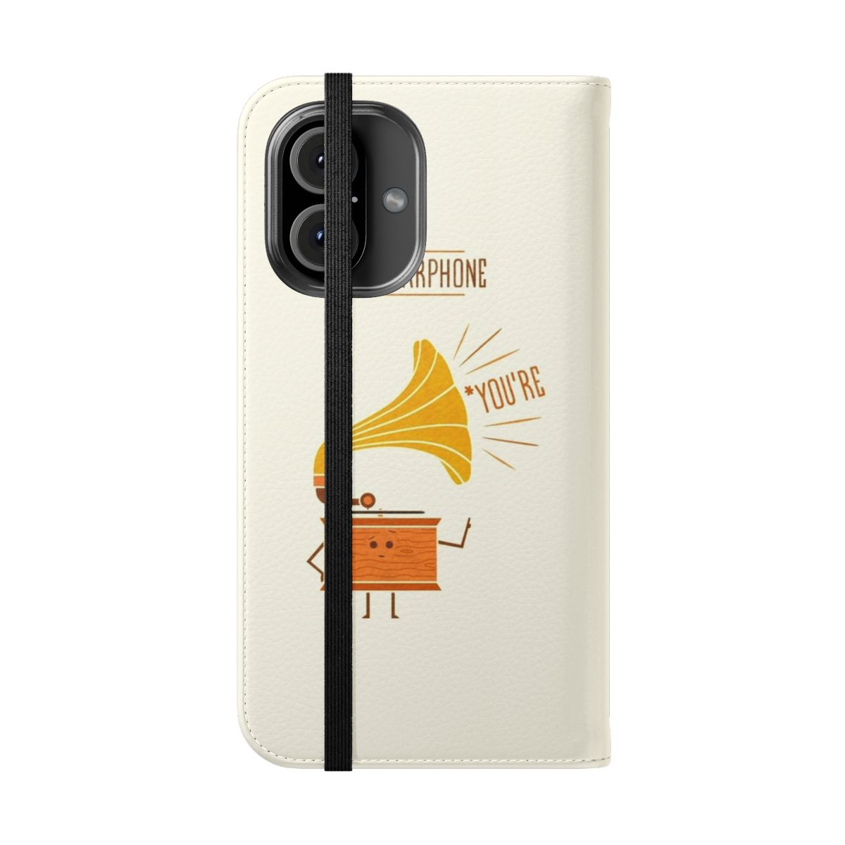 Grammarphone-inspired flip cover phone case with music and grammar pun design - Folded Front