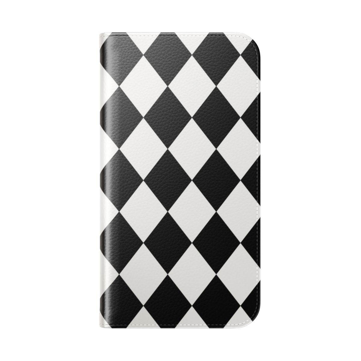 Harlequin pattern phone case in black and white with a repeating diamond or lozenge design - Folded Back