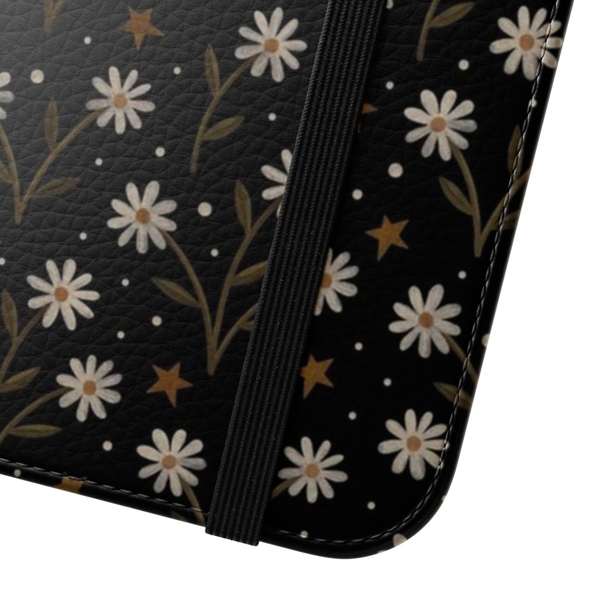 Elegant phone case featuring a pattern of tiny white flowers on a dark background - Close Up