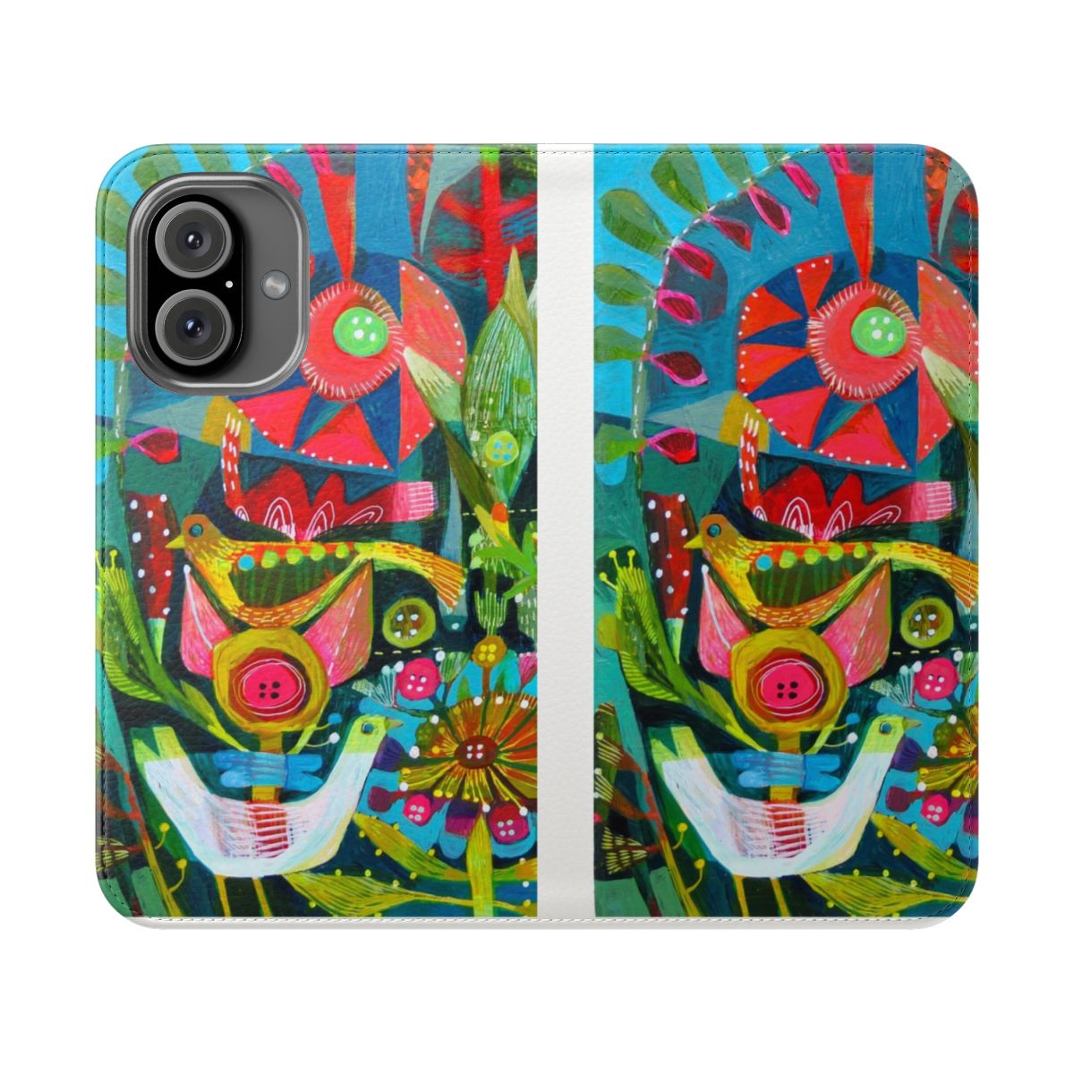 Colorful phone case with a design featuring birds and flowers in pink, blue, and yellow.