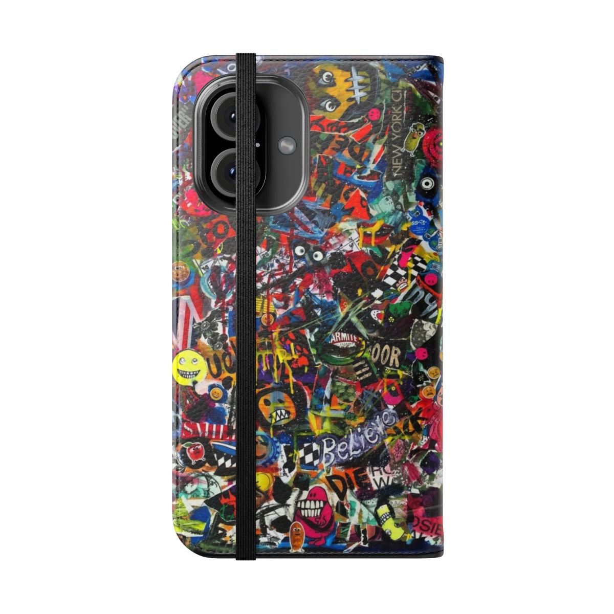 A collage-style phone case featuring a vibrant, graffiti-inspired design with mixed media elements. - Folded Front