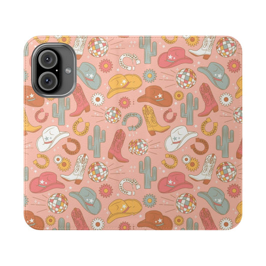 Colorful and sparkly phone case with a disco cowgirl design