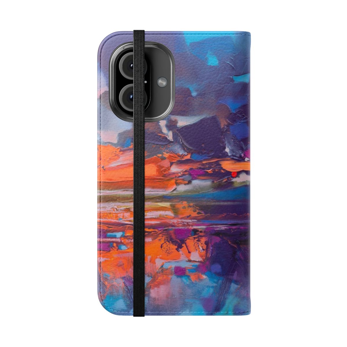 Vibrant and colorful phone case featuring a Scottish landscape with atmospheric clouds and a vibrant sky, evoking a sense of optimistic hope. - Folded Front