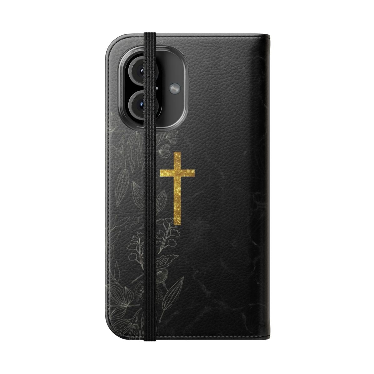 Marble and gold flip phone case with a christian cross symbol design - Folded Front