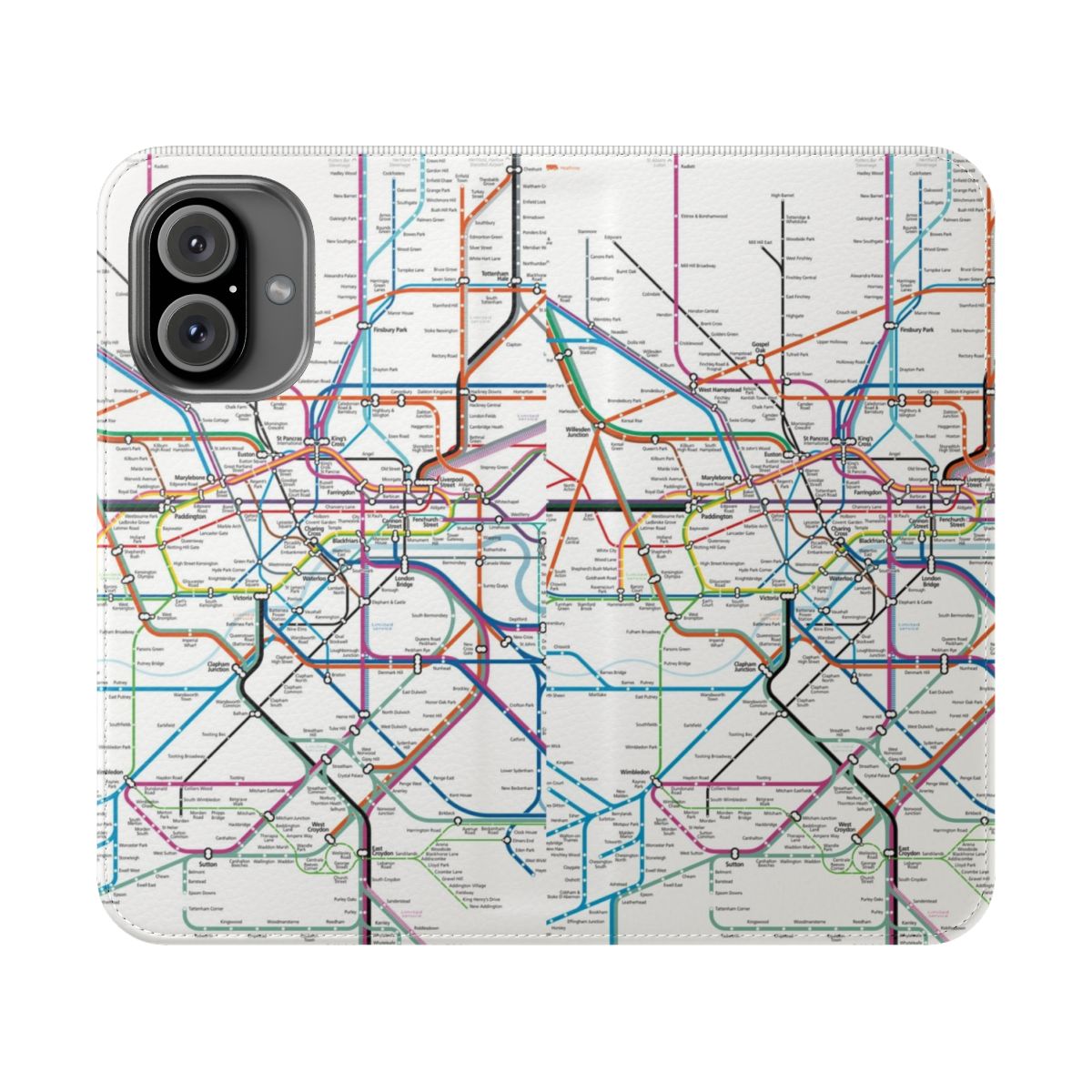 London city public transit map phone case featuring the underground, overground, and Elizabeth line routes.