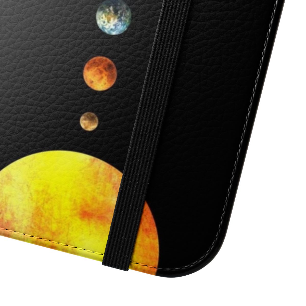 Colorful digital illustration of the solar system planets on a protective phone case - Close Up