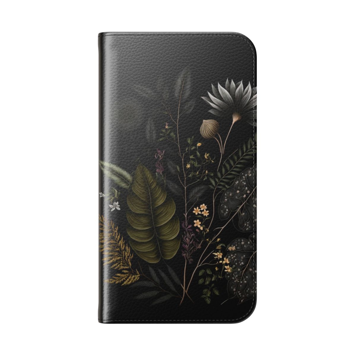 Moody floral and botanical design on a dark academia style flip phone case - Folded Back