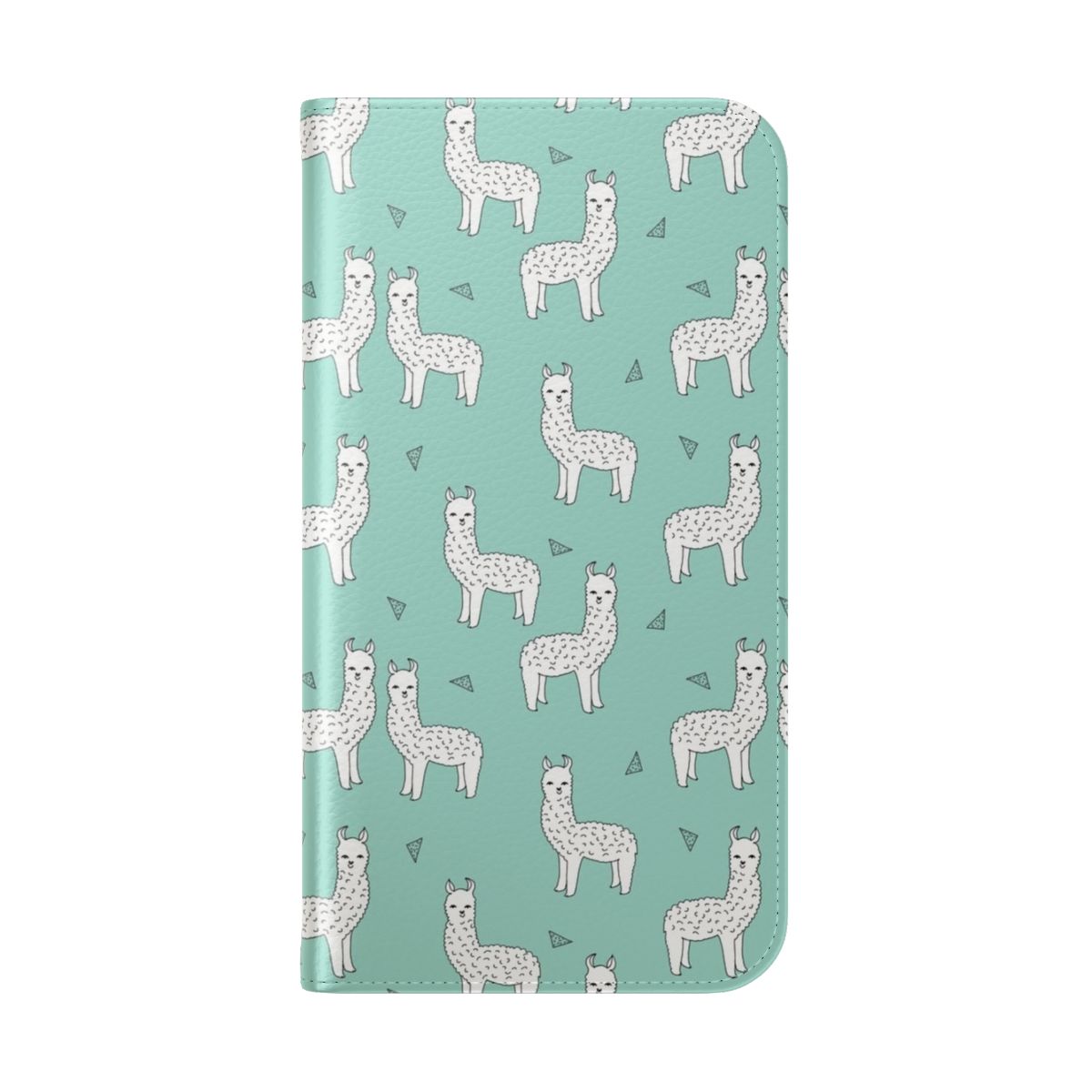 Mint-colored phone case with a cute alpaca pattern design by Andrea Lauren - Folded Back