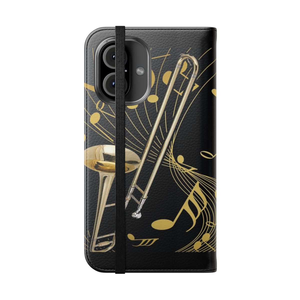 Trombone and music note design on a custom phone case - Folded Front