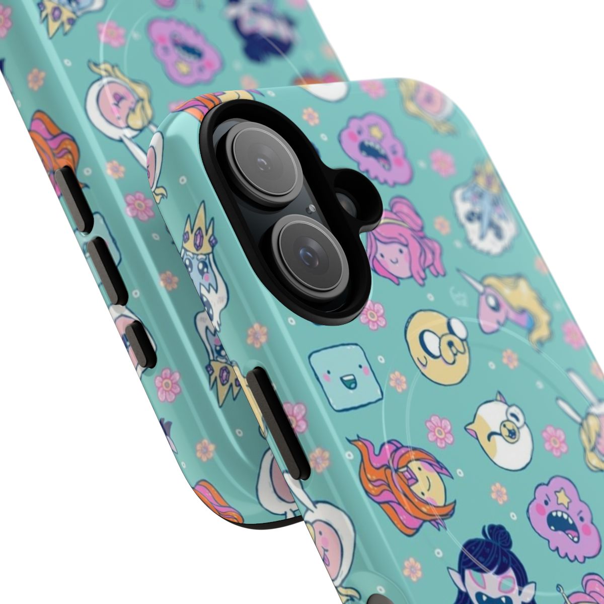 Magnetic tough phone case featuring characters from the Adventure Time cartoon series, including Finn, Jake, Marceline, and Princess Bubblegum. - Detail