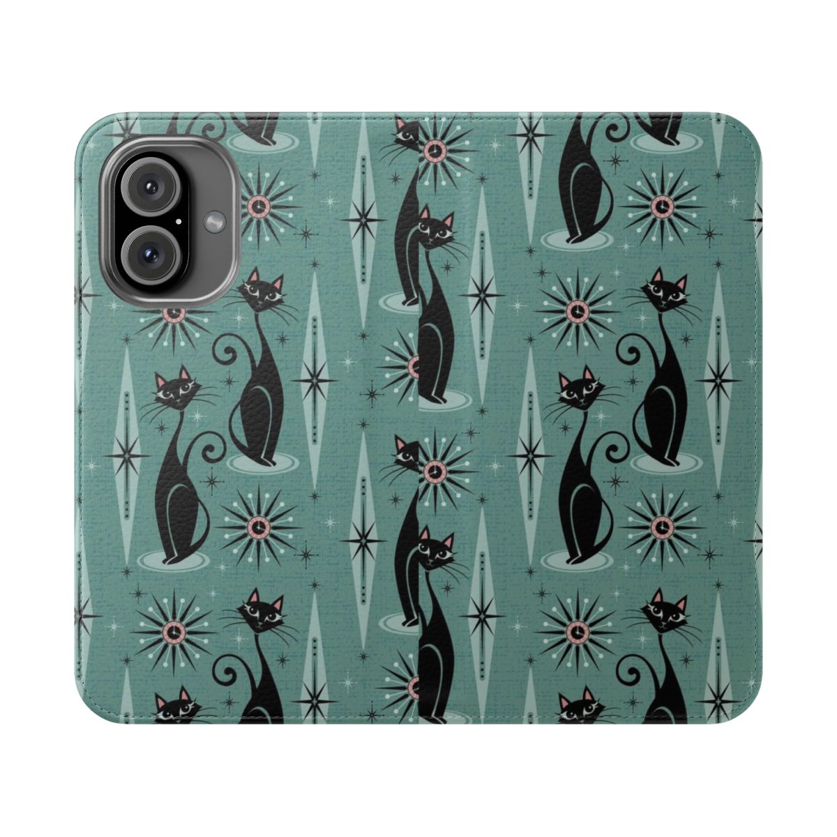 Flip phone case featuring a mid-century style design with cats, starbursts, and diamond patterns